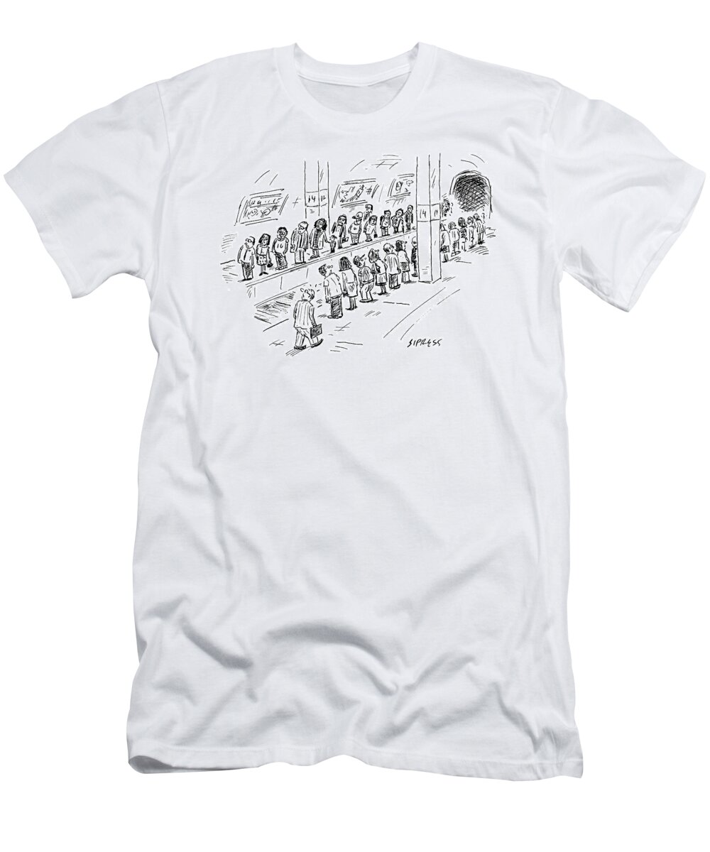 Subway T-Shirt featuring the drawing Two Lines Of People Await The Subway by David Sipress