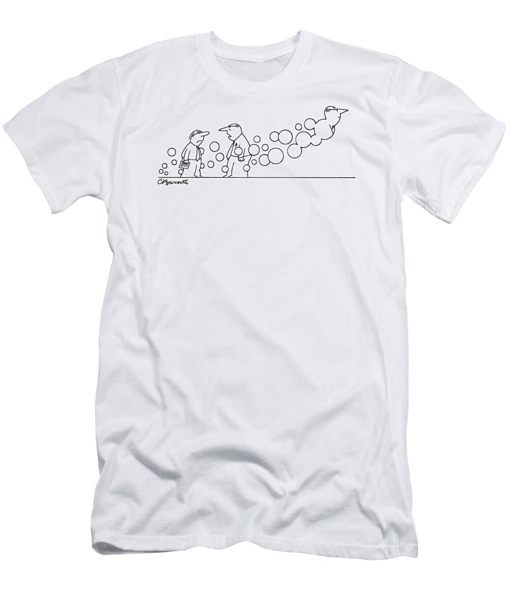 Bubbles T-Shirt featuring the drawing Two Men Are Speaking With Each Other As Bubbles by Charles Barsotti