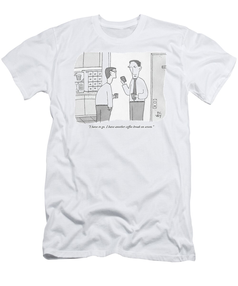 Office T-Shirt featuring the drawing Two Men Drink Coffee In The Office Break Room by Peter C. Vey