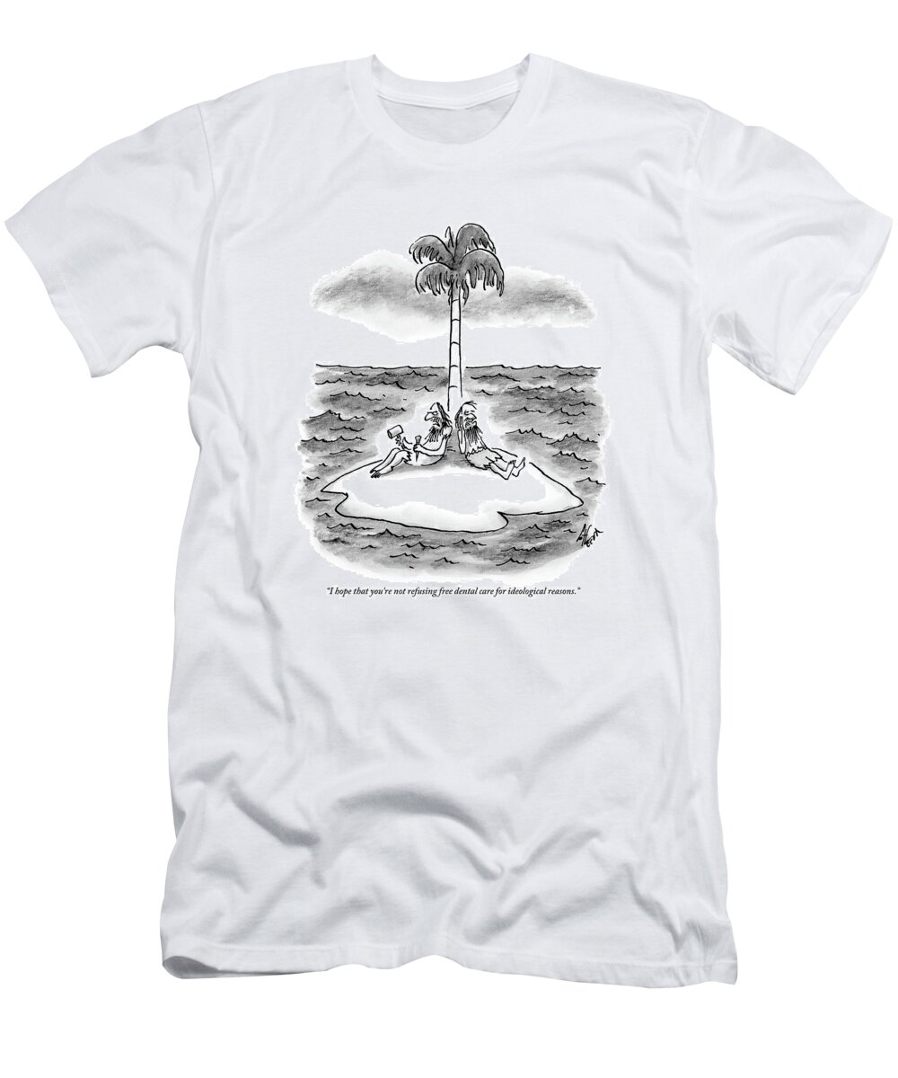 Desert Island T-Shirt featuring the drawing Two Men Sit On A Desert Island. One Holds by Frank Cotham