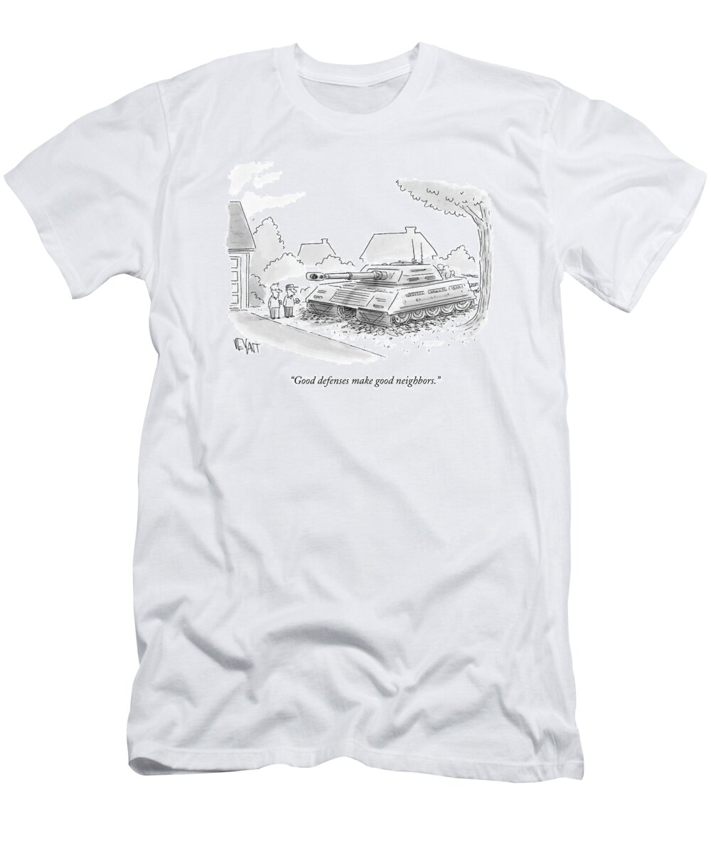 Good Fences T-Shirt featuring the drawing Two Men Standing In A Backyard Speak To Each by Christopher Weyant