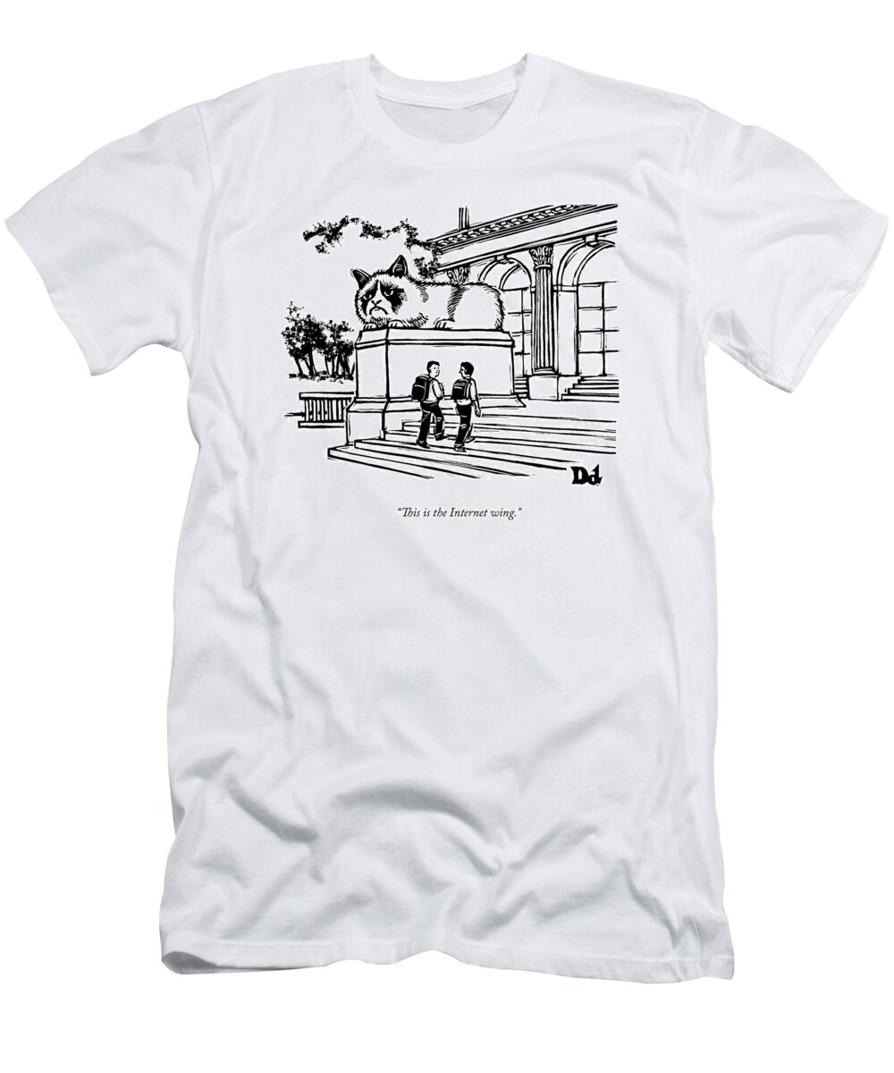 Cat Video T-Shirt featuring the drawing Two Men Walk Into A Library. There Is An by Drew Dernavich