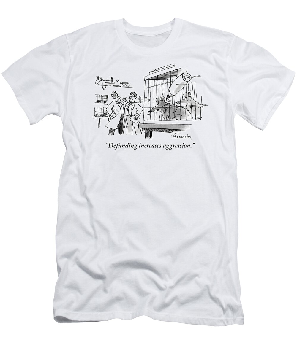 Mice T-Shirt featuring the drawing Two Mice In A Cage Watch Two Scientists Argue by Mike Twohy