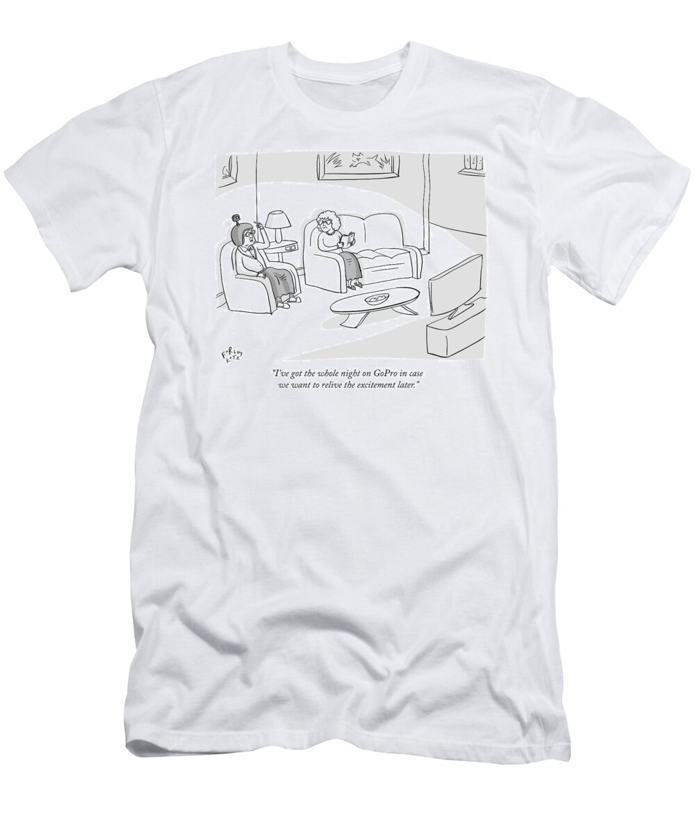 Elderly T-Shirt featuring the drawing Two Old Women On A Quiet Night by Farley Katz