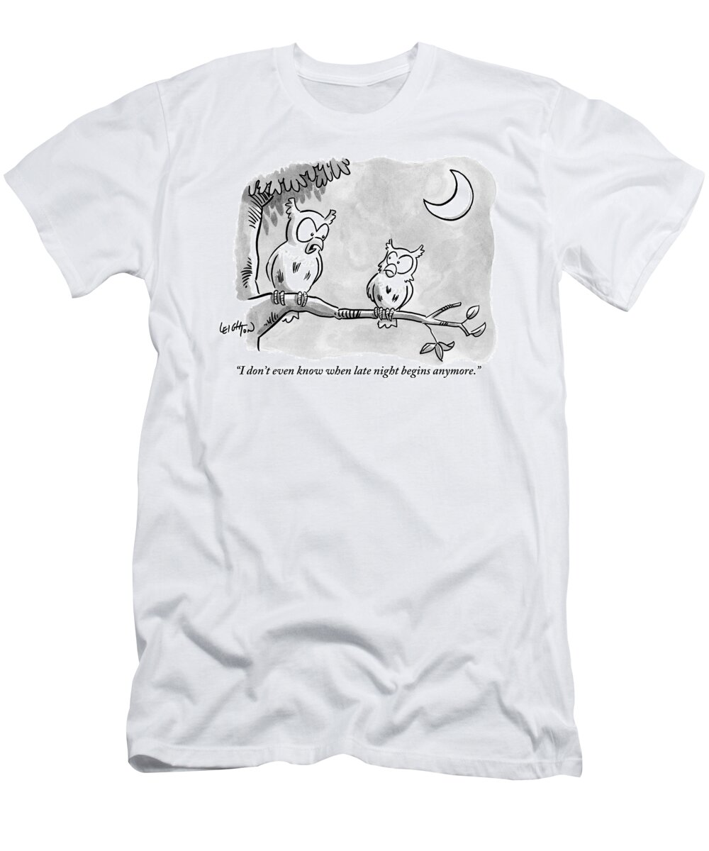 Birds T-Shirt featuring the drawing Two Owls Sit On A Tree Branch Talking To Each by Robert Leighton