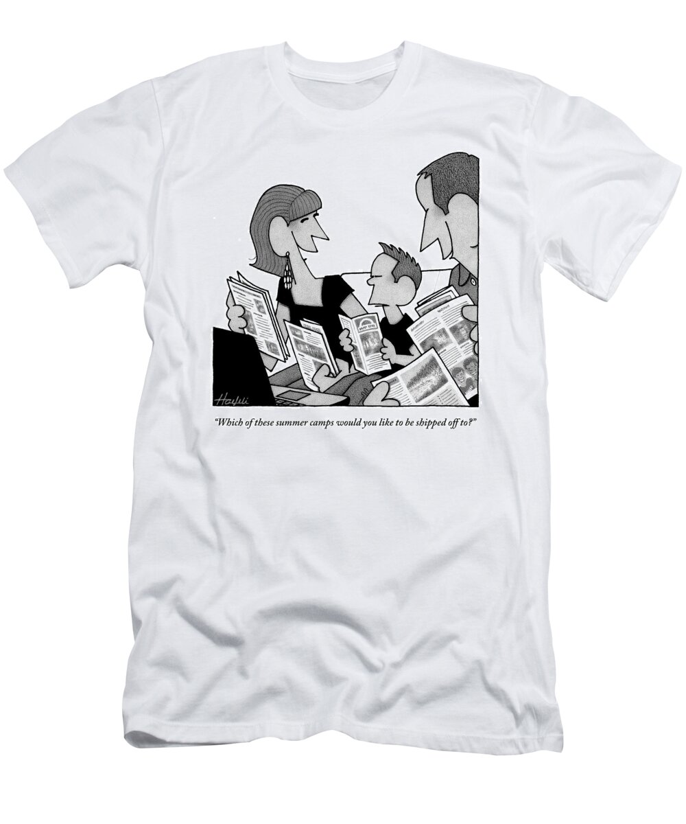 Summer Camp T-Shirt featuring the drawing Two Parents And Their Son Sit On A Couch. Each by William Haefeli