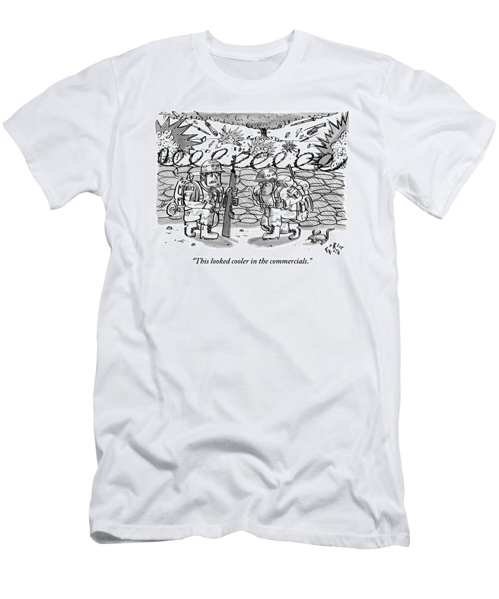 Two Soldiers Are Seen Speaking In The Midst Of A Violent War. 

Media Id 133476
 T-Shirt featuring the drawing Two Soldiers Are Seen Speaking In The Midst by Farley Katz