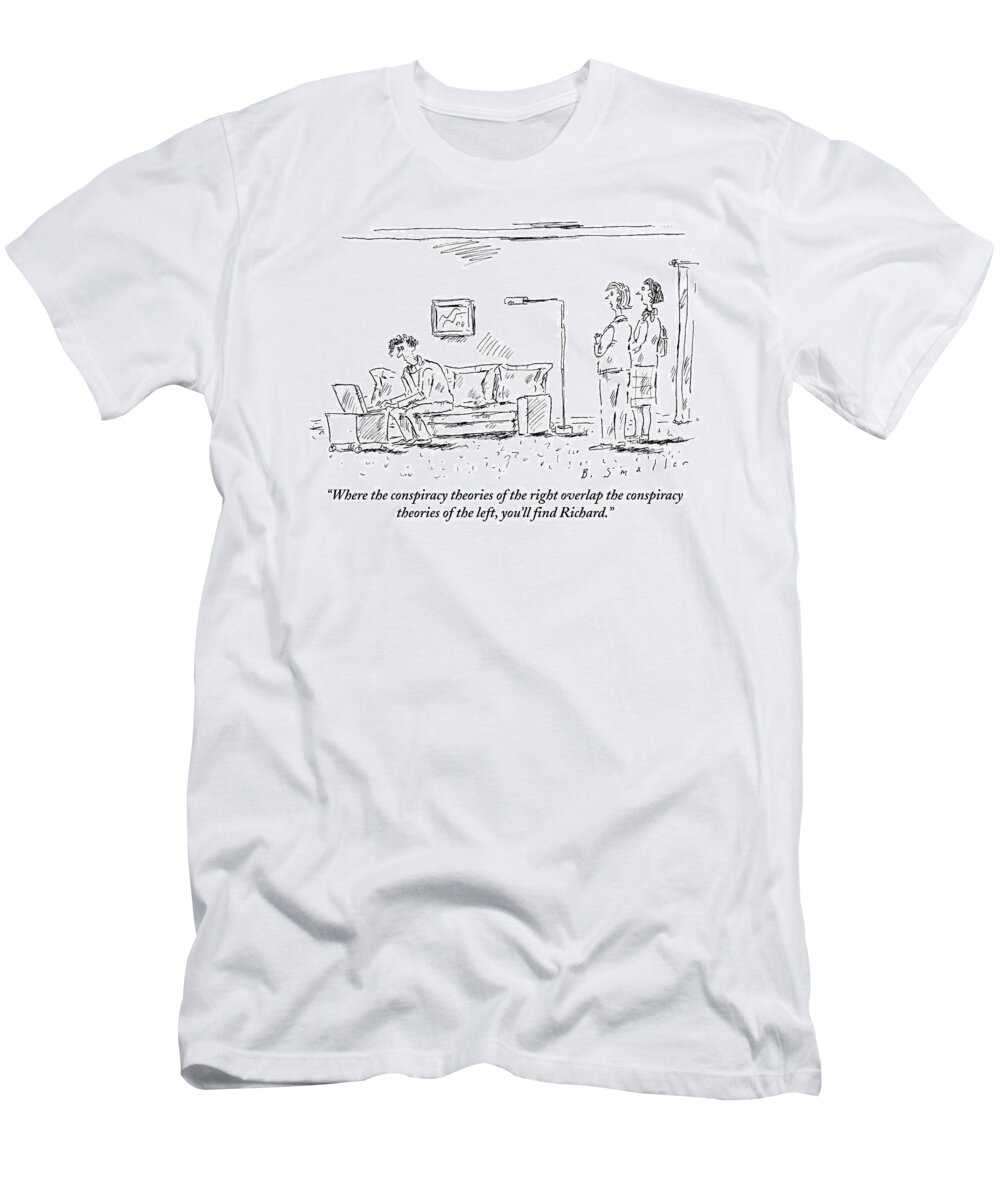 Internet T-Shirt featuring the drawing Two Women Observe A Man On The Couch Working by Barbara Smaller