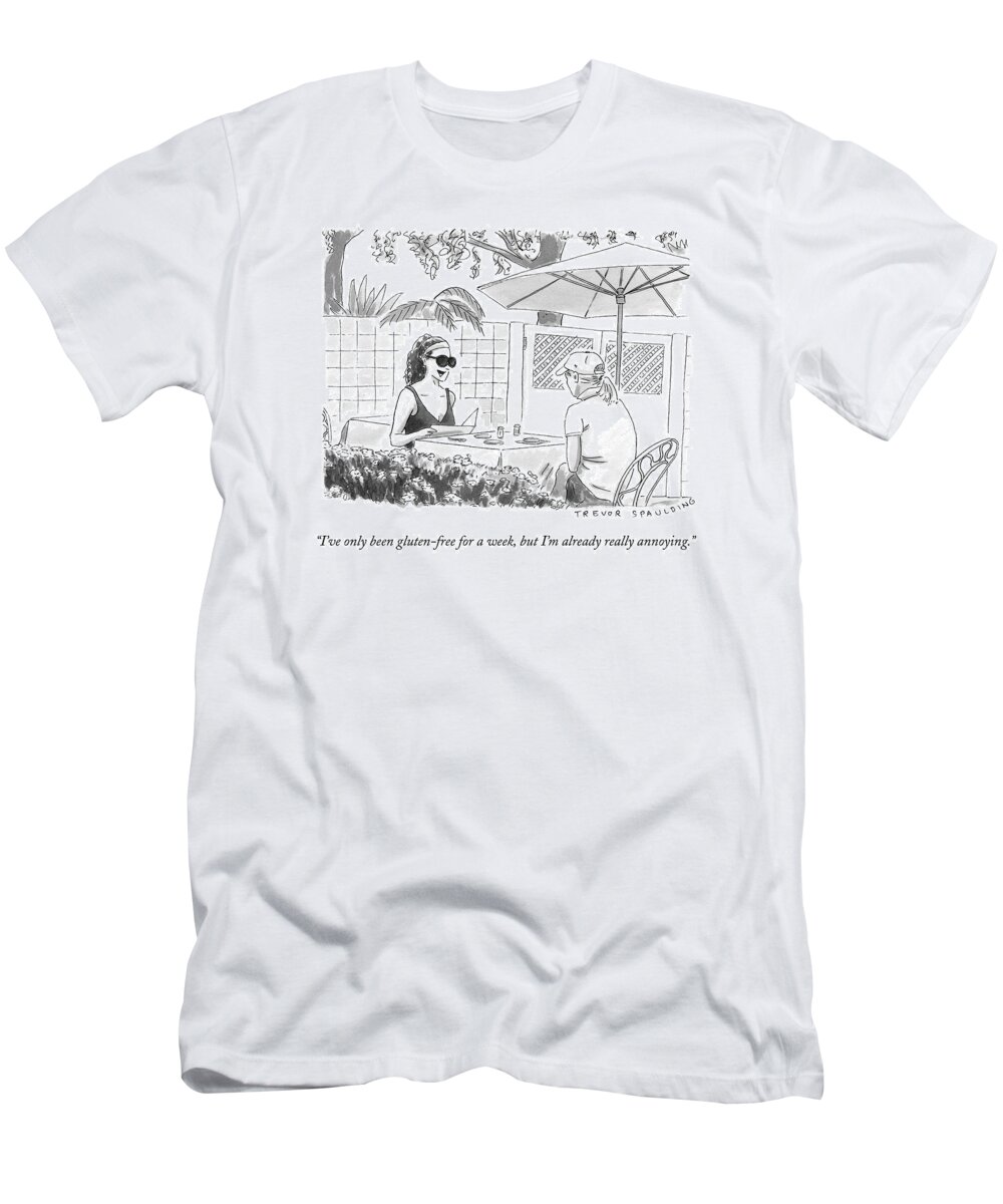Gluten Free T-Shirt featuring the drawing Two Women Speak At A Cafe Speak by Trevor Spaulding