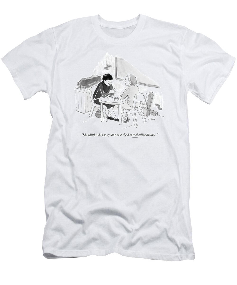 Women T-Shirt featuring the drawing Two Women Speaking At A Coffee Shop Table by Emily Flake