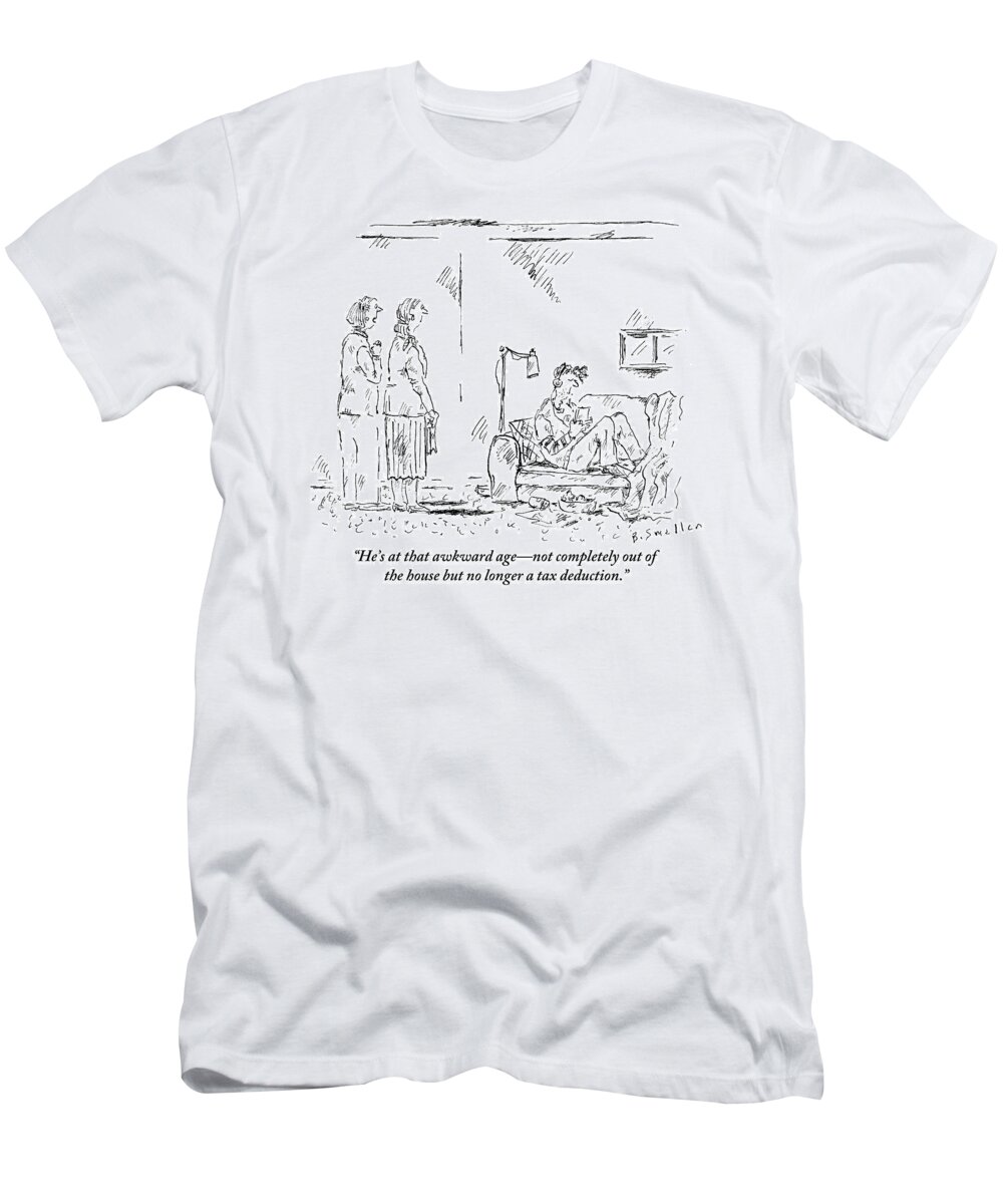 Teen T-Shirt featuring the drawing Two Women Stare At Dirty Guy On Couch by Barbara Smaller