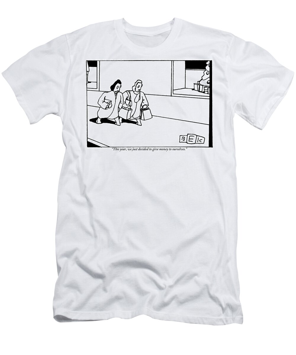 Presents T-Shirt featuring the drawing Two Women With Shopping Bags Walk by Bruce Eric Kaplan