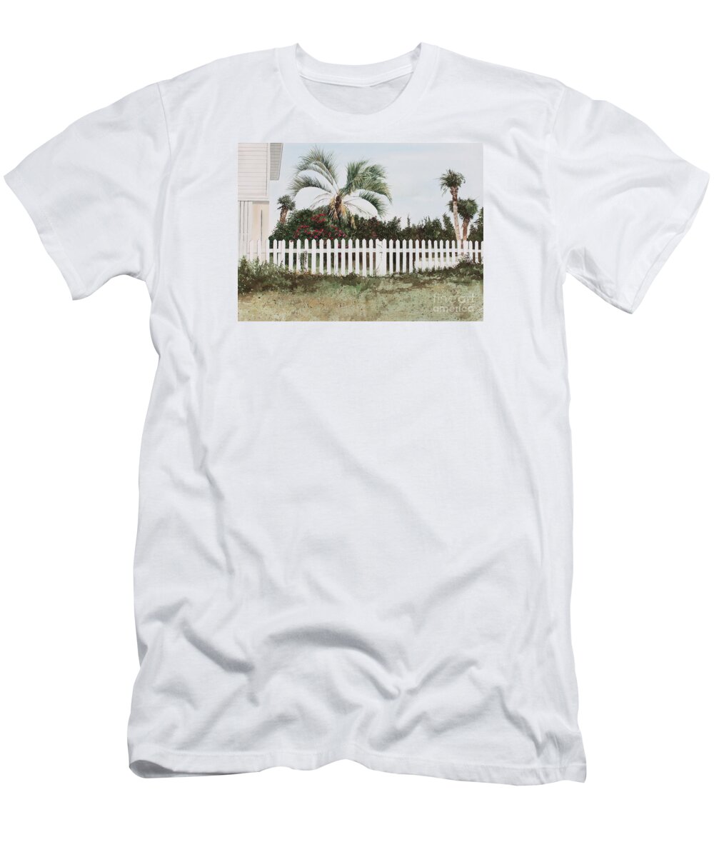 A White Picket Fence Borders A Beautiful Lush Garden On Tybee Island T-Shirt featuring the painting Tybee Island Roses by Monte Toon