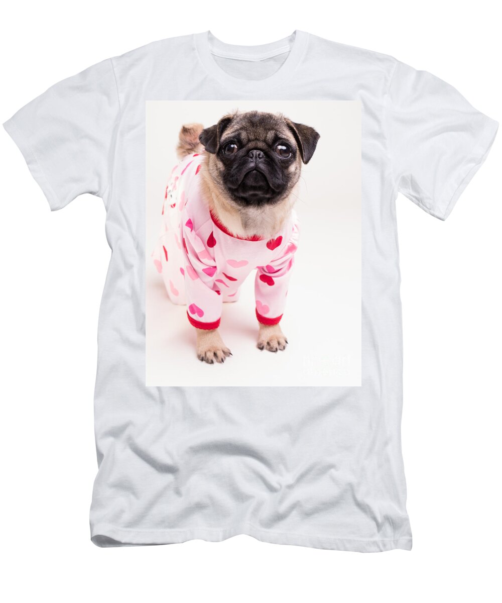 Pug T-Shirt featuring the photograph Valentine's Day - Adorable Pug Puppy in Pajamas by Edward Fielding
