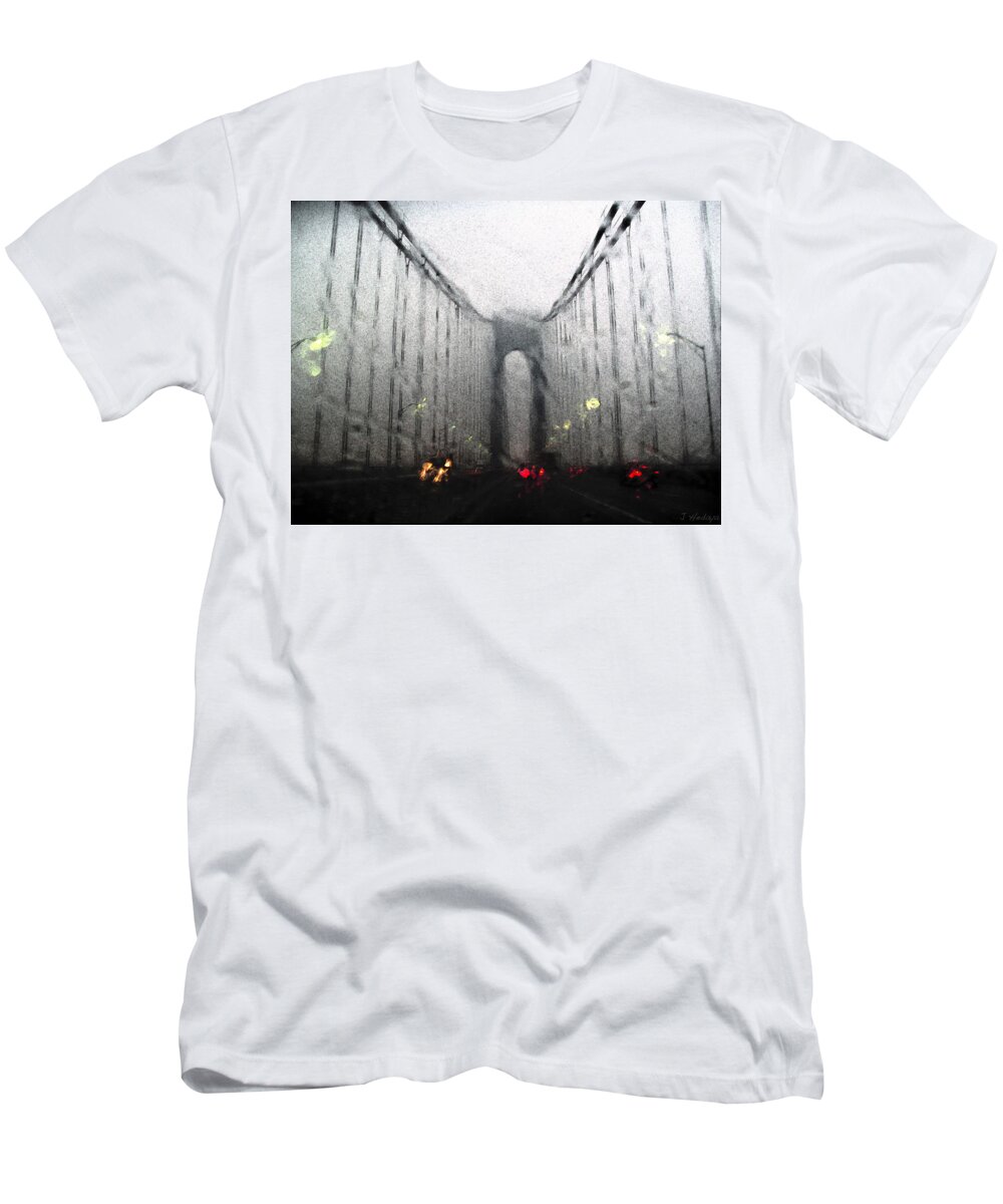 Verazzano Narrows Bridge T-Shirt featuring the photograph Verazanno Bridge Rain Photofresco by Joseph Hedaya