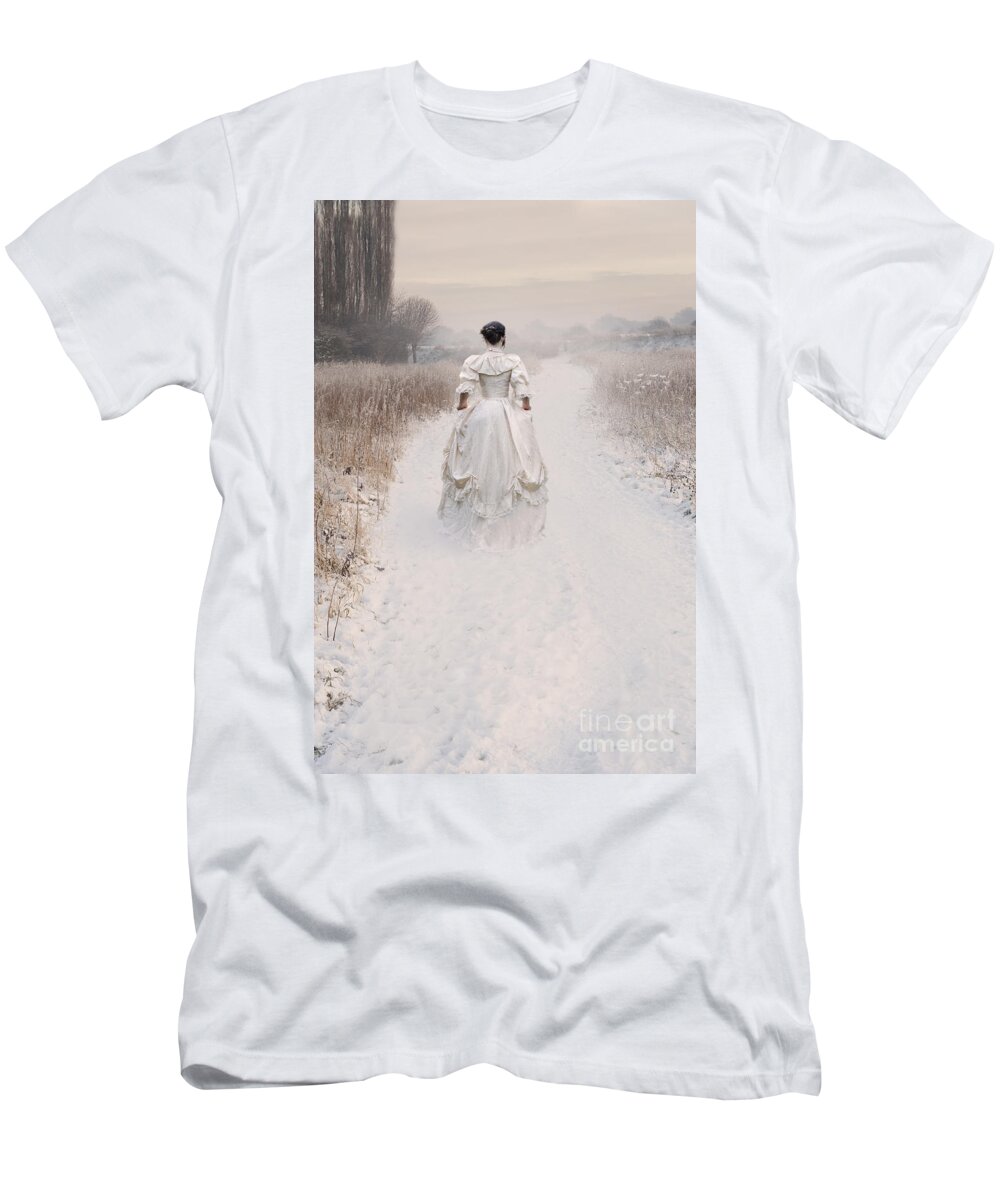 Woman T-Shirt featuring the photograph Victorian Woman Walking Through A Winter Meadow by Lee Avison