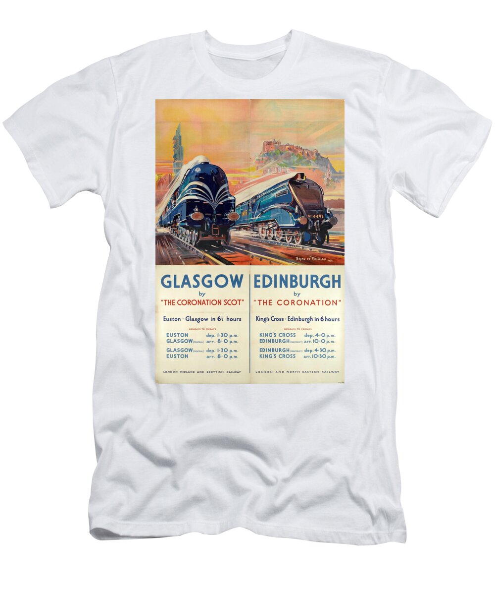 Glasgow T-Shirt featuring the digital art Vintage Train Travel - Glasgow and Edinburgh by Georgia Fowler