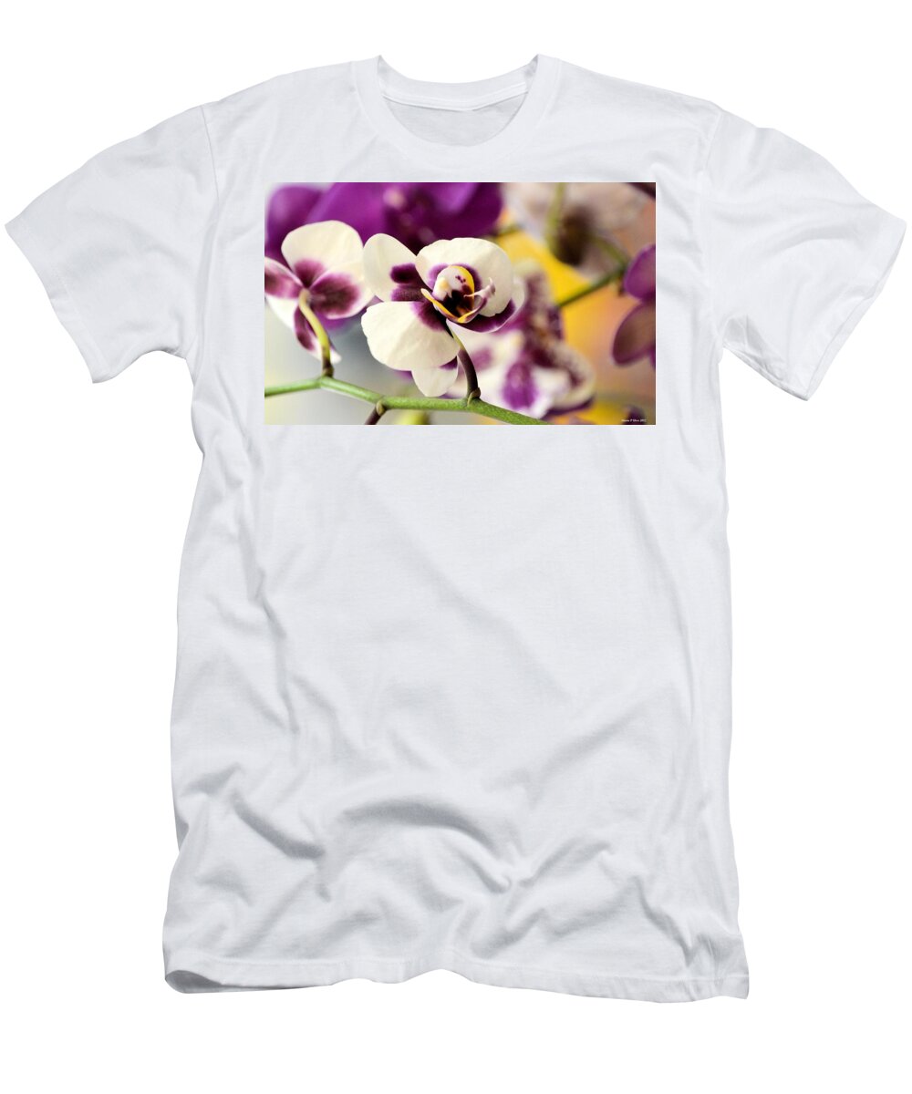 Violet Orchids Brushed With Gold T-Shirt featuring the photograph Violet Orchids Brushed with Gold by Maria Urso