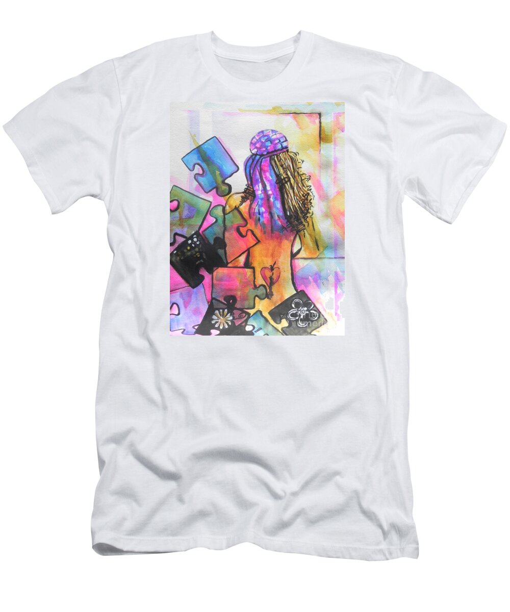 Watercolor Painting T-Shirt featuring the painting What Lies Ahead Series  Putting the Pieces Together by Chrisann Ellis
