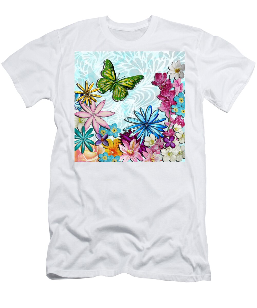 Flowers T-Shirt featuring the painting Whimsical Floral Flowers butterfly Art Colorful Uplifting Painting by Megan Duncanson by Megan Aroon