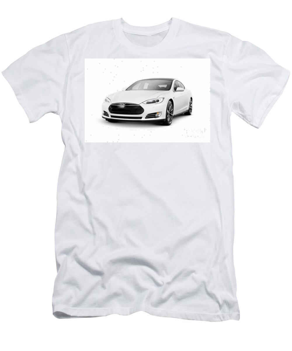 Tesla T-Shirt featuring the photograph White Tesla Model S luxury electric car by Maxim Images Exquisite Prints