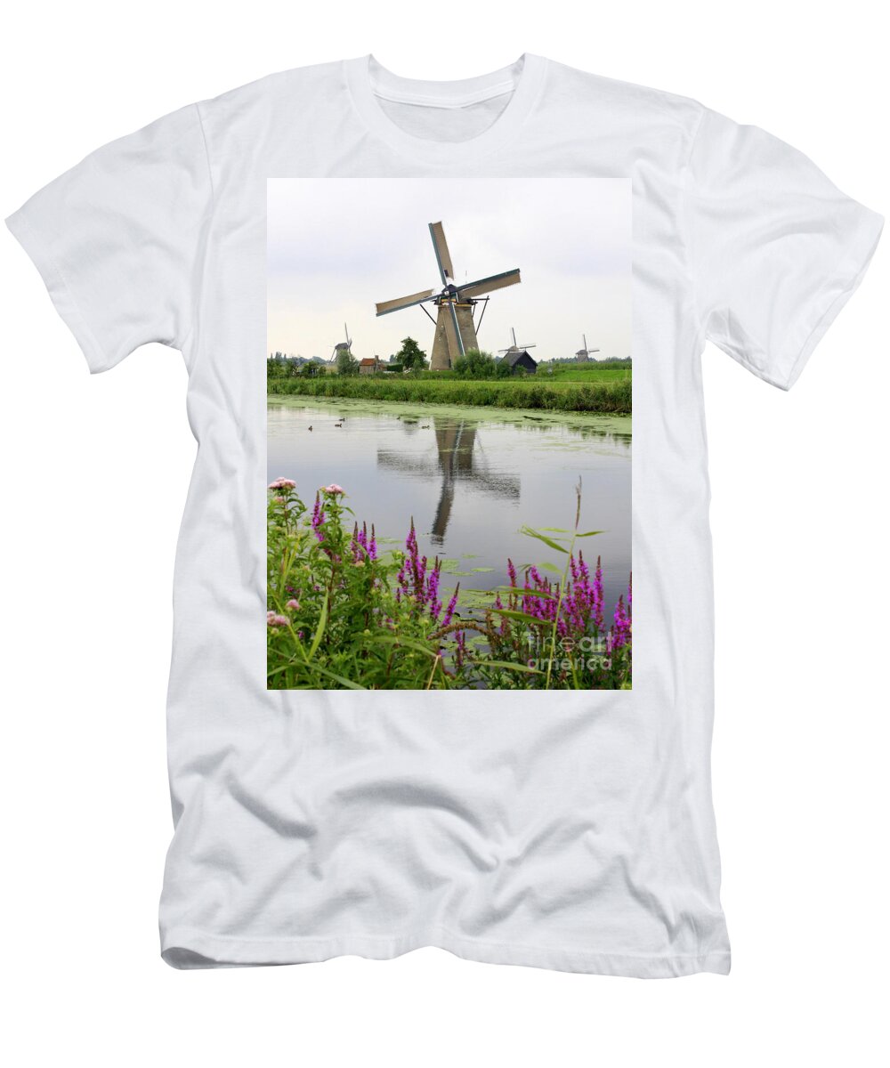 The Netherlands T-Shirt featuring the photograph Windmills of Kinderdijk with Flowers by Carol Groenen
