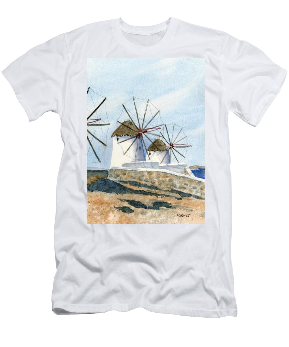 Greece T-Shirt featuring the painting Windmills of Mykonos by Marsha Elliott