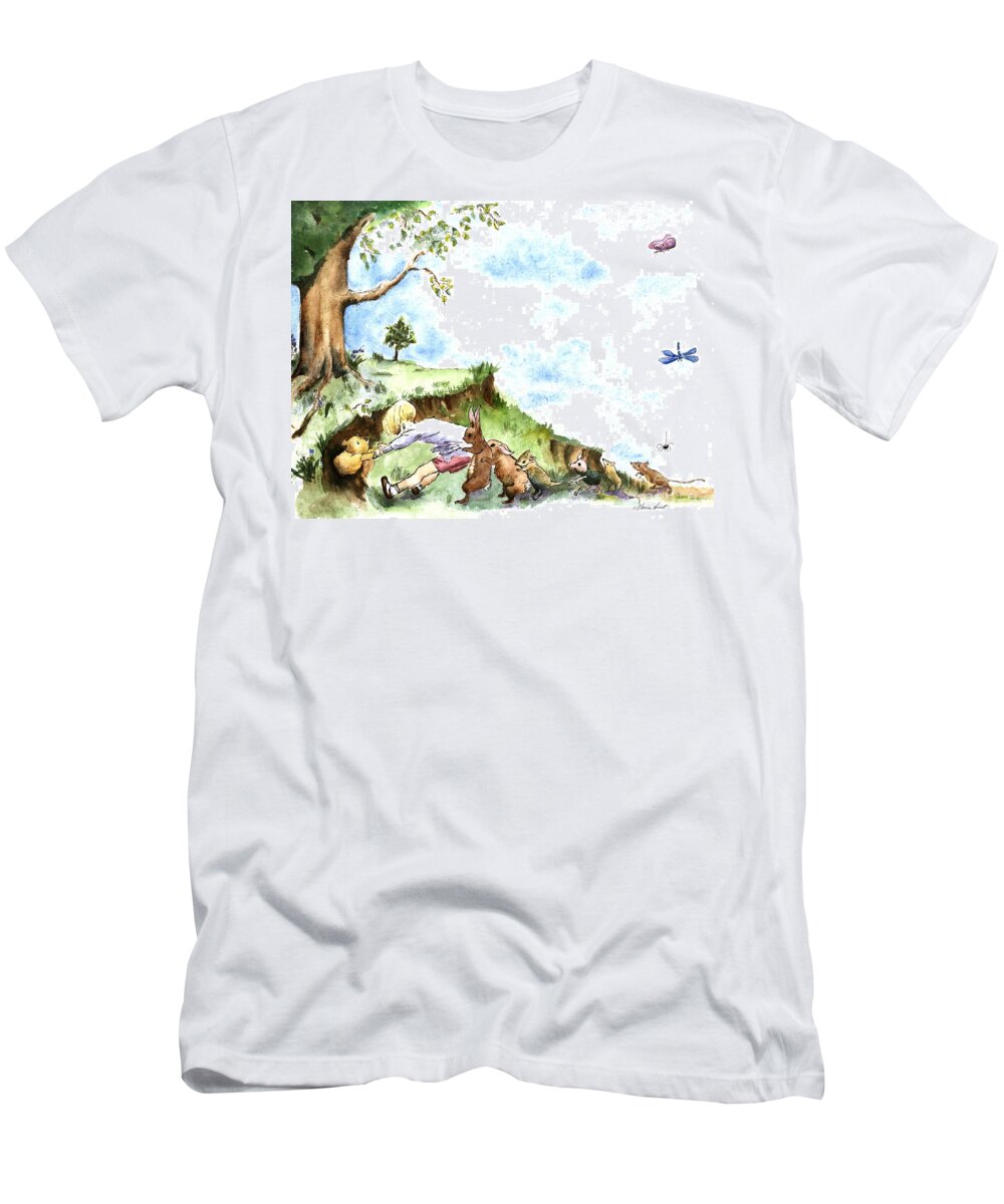 Winnie The Pooh T-Shirt featuring the painting Helping Hands after E H Shepard by Maria Hunt