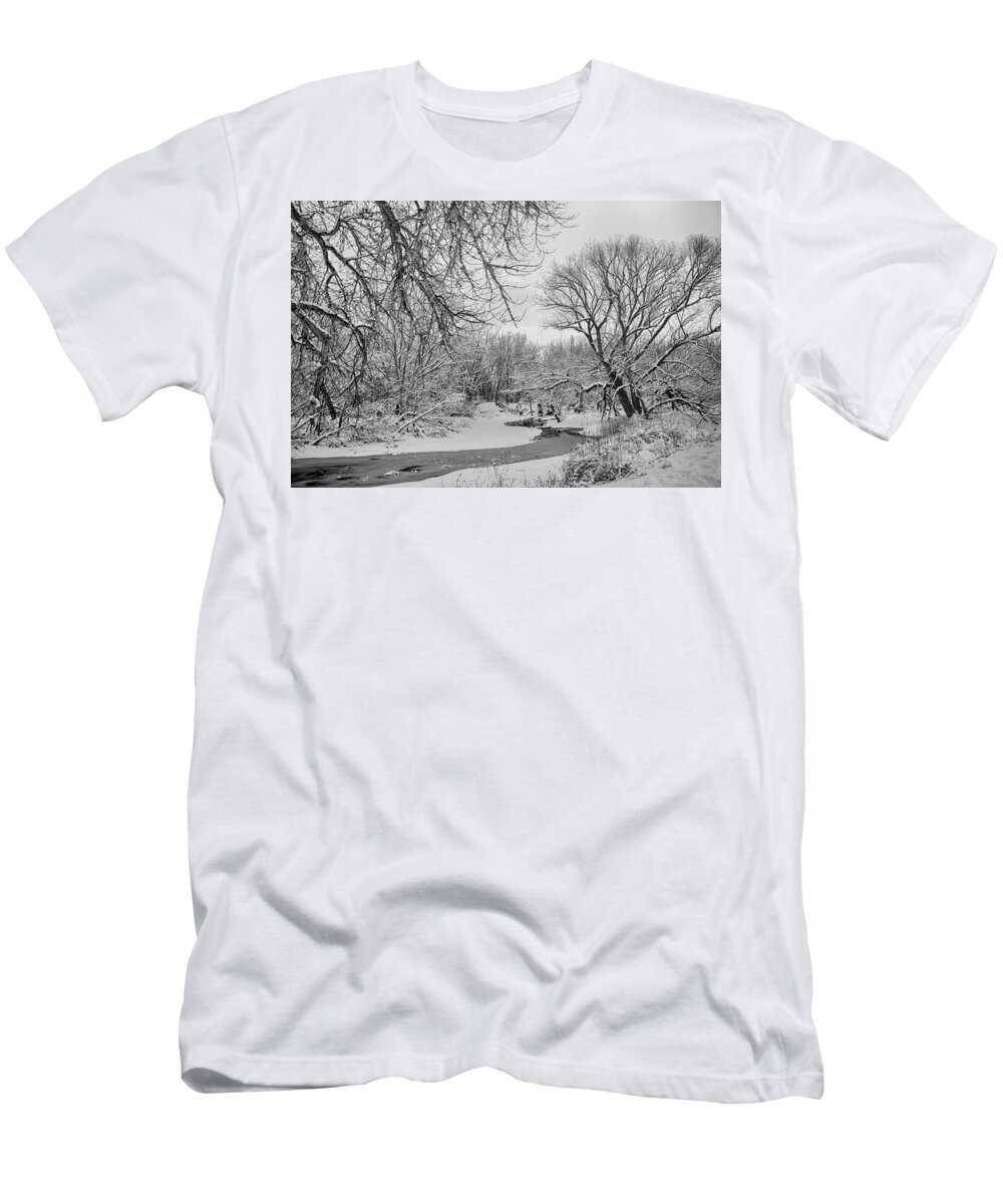 Winter T-Shirt featuring the photograph Winter Creek in Black and White by James BO Insogna