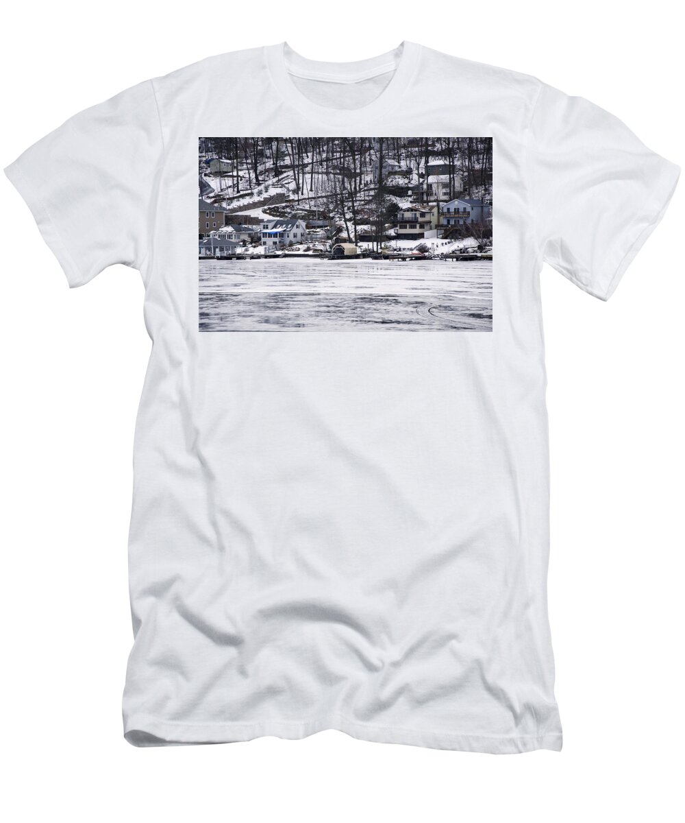 Hopatcong T-Shirt featuring the photograph Winter Ice Lake Scene Hopatcong Covered Port by Maureen E Ritter