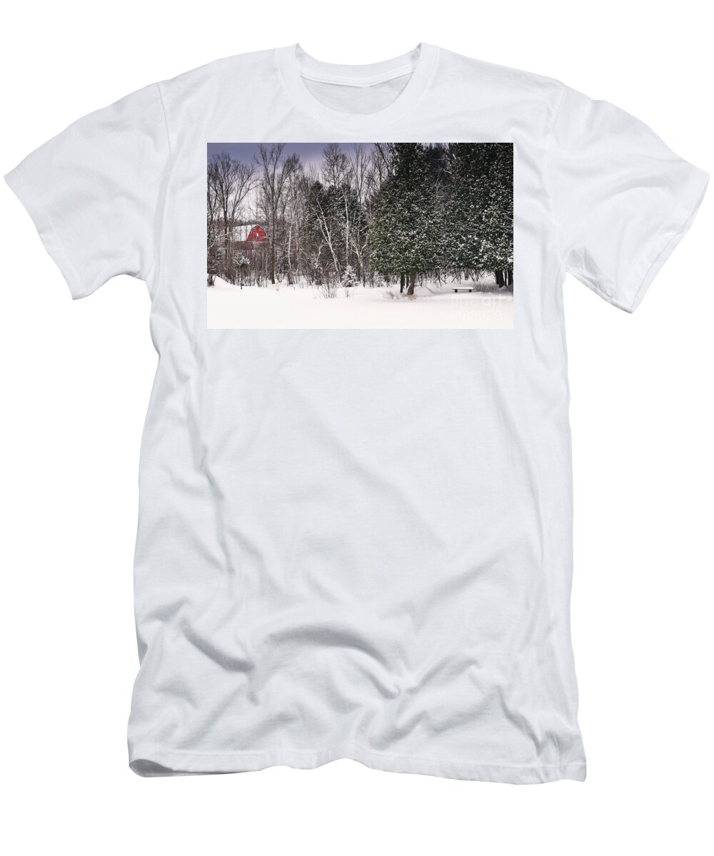 Red Barn T-Shirt featuring the photograph Winter Postcard by Gwen Gibson