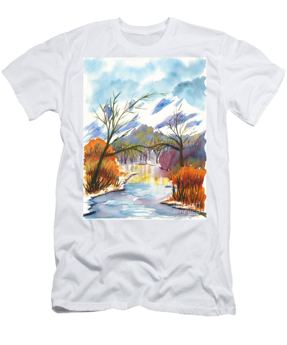 Winter T-Shirt featuring the painting Wintry Reflections by Walt Brodis