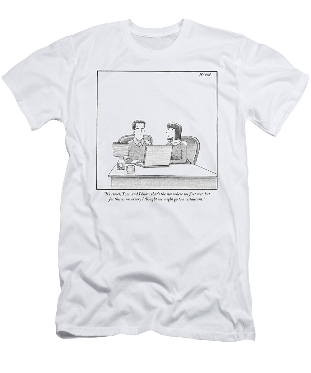 Internet Dating T-Shirt featuring the drawing Woman Speaks To Husband As They Sit Behind A Desk by Harry Bliss