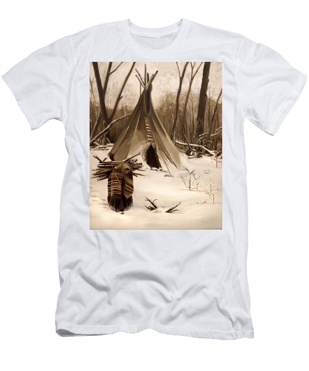 Native American T-Shirt featuring the painting Wood Gatherer by Nancy Griswold