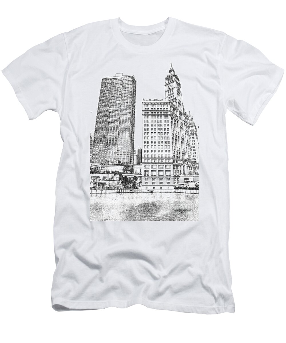 Wrigley Tower T-Shirt featuring the digital art Wrigley Clock Tower in Chicago by Dejan Jovanovic