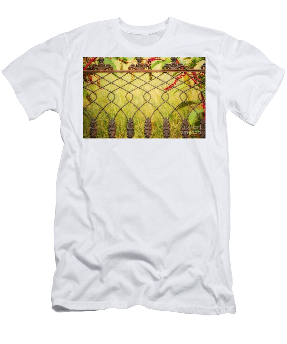 Fence T-Shirt featuring the photograph Wrought Iron with Red and Green by Kathleen K Parker