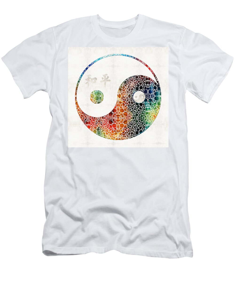 Yin T-Shirt featuring the painting Yin And Yang - Colorful Peace - By Sharon Cummings by Sharon Cummings
