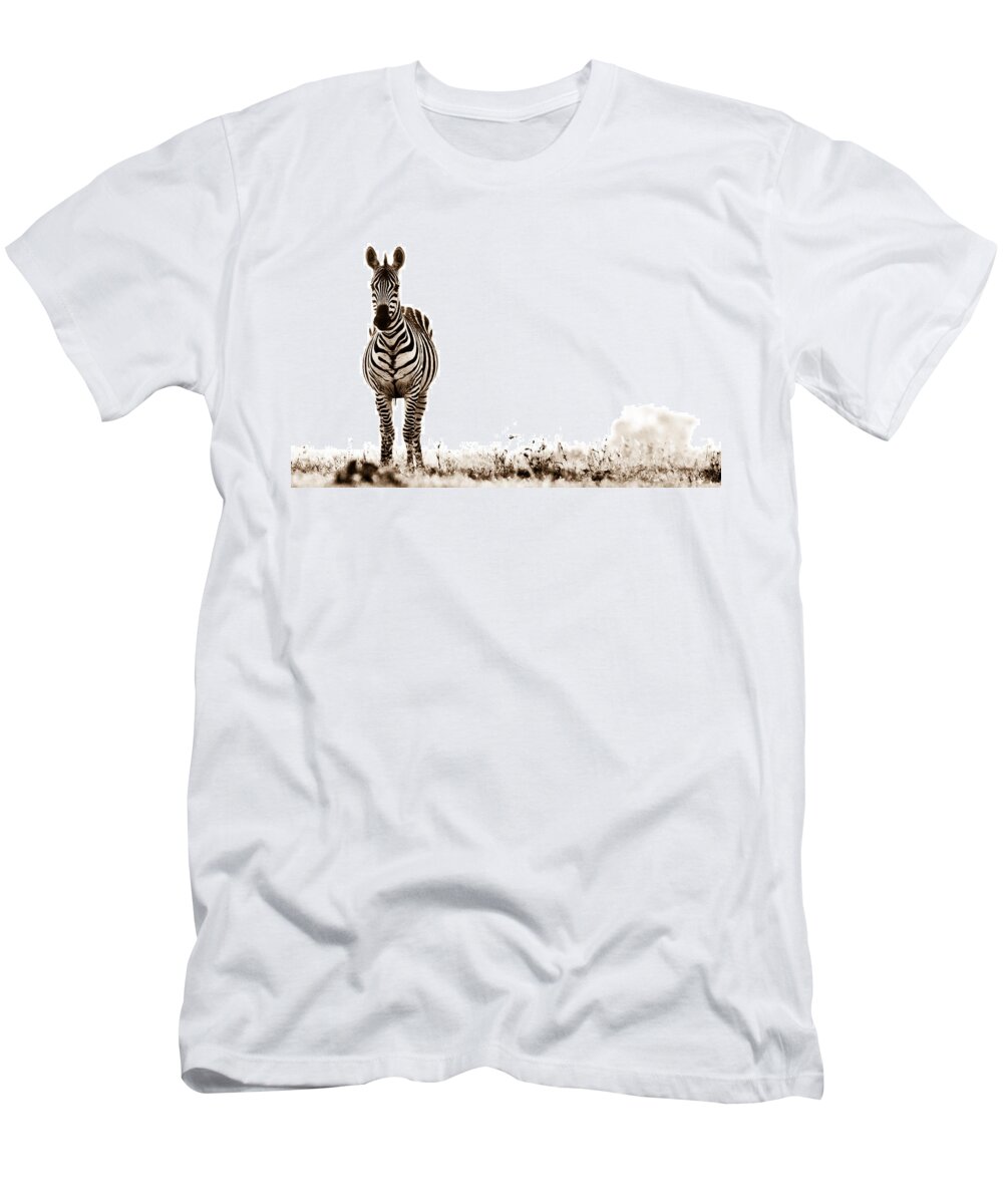 Africa T-Shirt featuring the photograph Zebra Facing Forward Washed Out Sky Bw by Mike Gaudaur