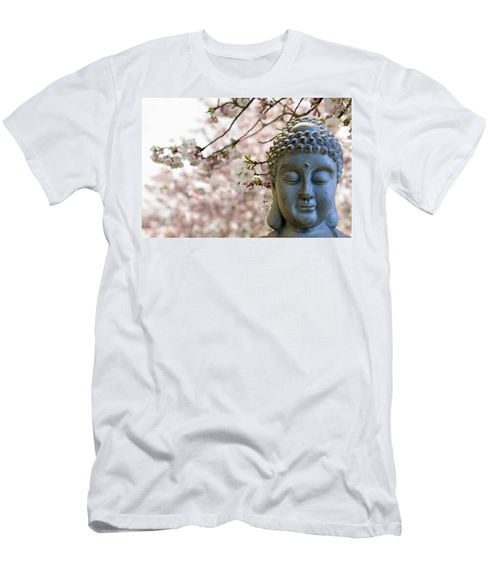 Buddha T-Shirt featuring the photograph Zen Buddha Meditating Under Cherry Blossom Trees by David Gn