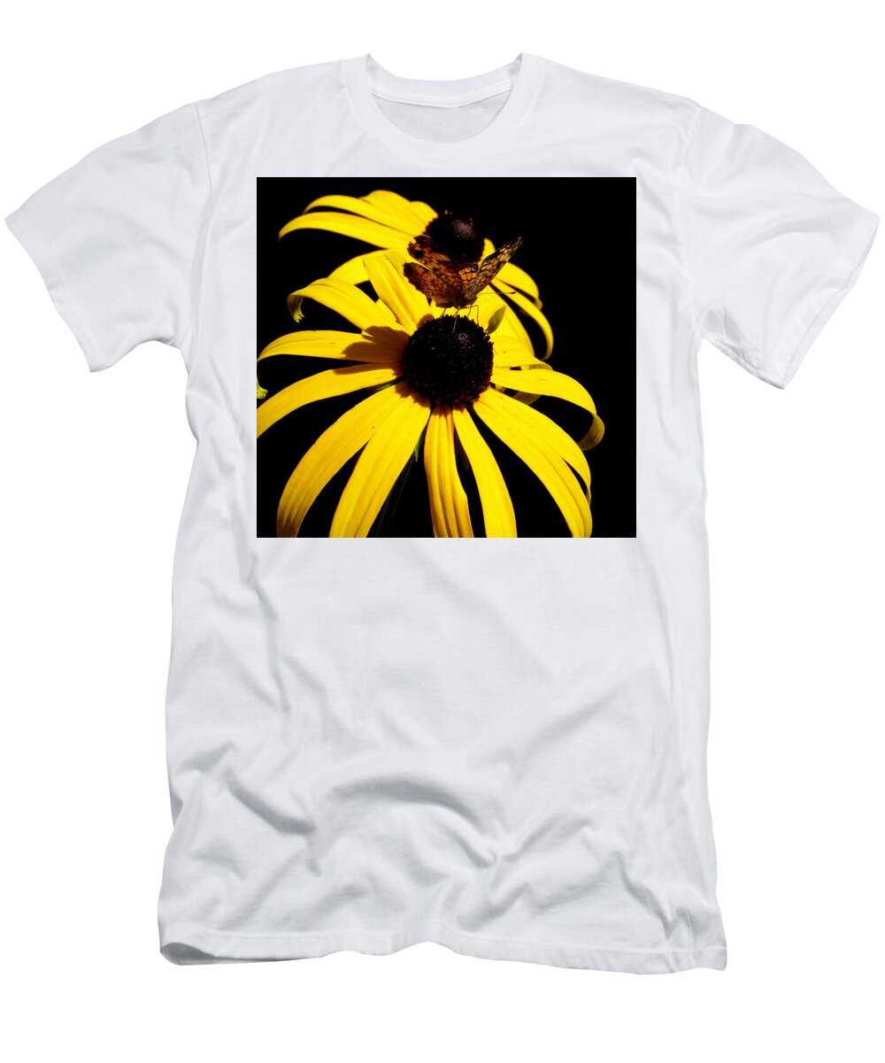 Butterfly T-Shirt featuring the photograph Frantilly Butterfly On A Black Eyed Susan by Kim Galluzzo
