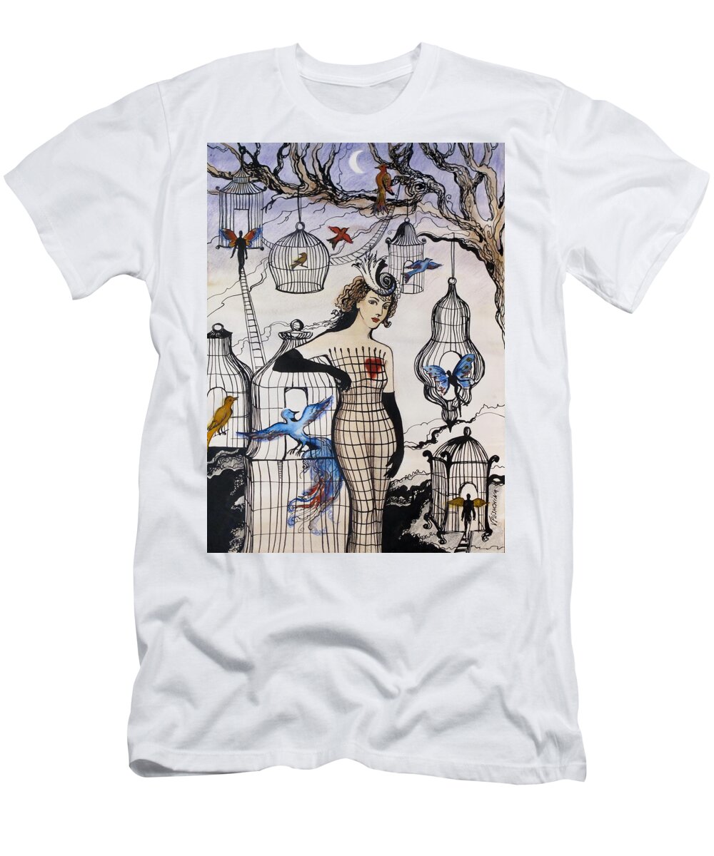 Birds T-Shirt featuring the painting Letting go by Valentina Plishchina