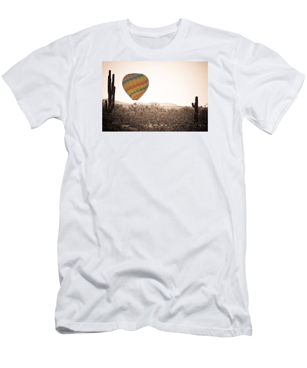 Arizona T-Shirt featuring the photograph Hot Air Balloon On the Arizona Sonoran Desert In BW #1 by James BO Insogna