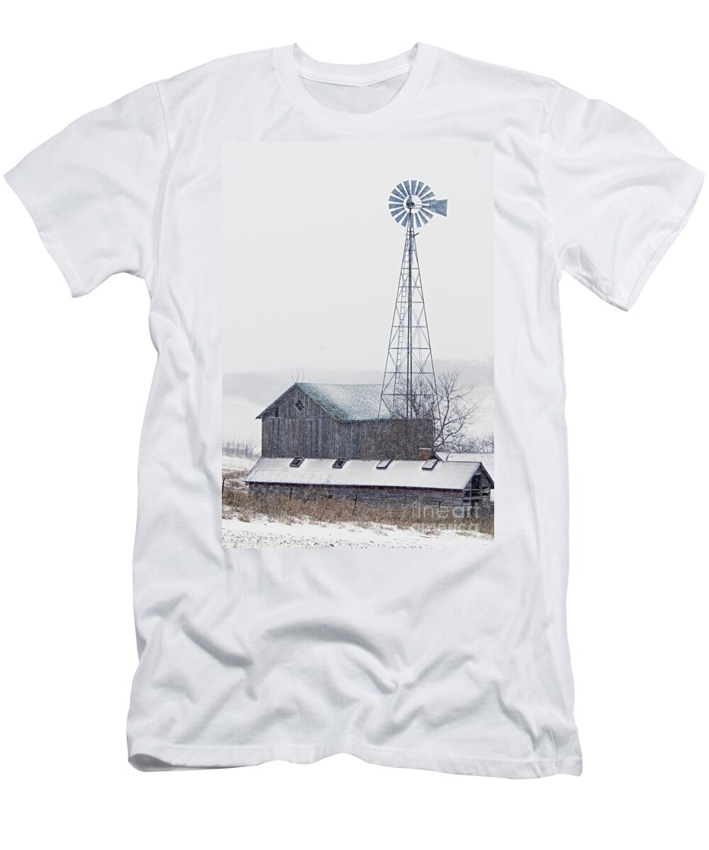 Photography T-Shirt featuring the photograph Barn and Windmill in Snow by Larry Ricker