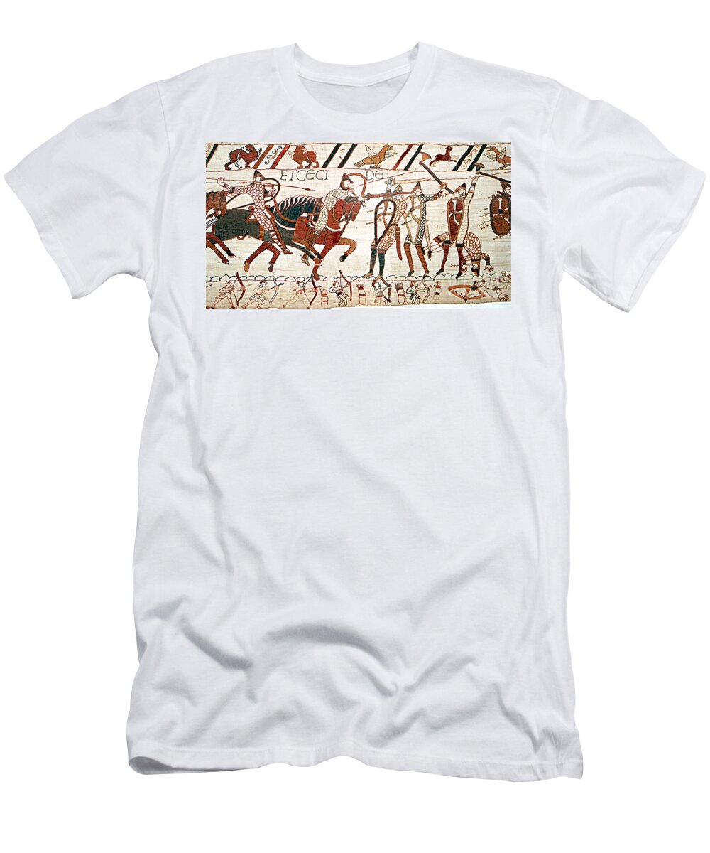 History T-Shirt featuring the photograph Battle Of Hastings Bayeux Tapestry by Photo Researchers