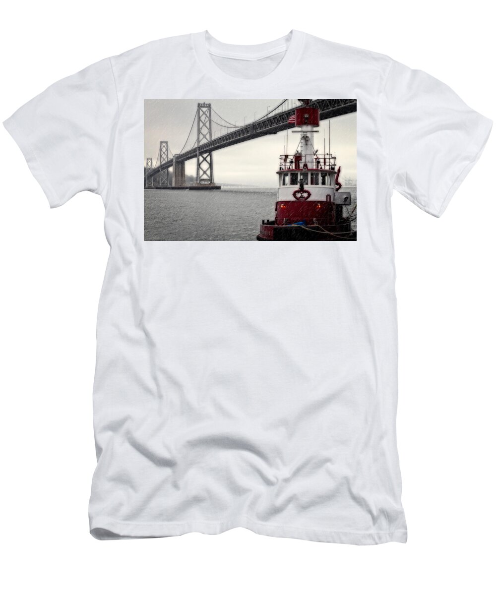 Bridge T-Shirt featuring the photograph Bay Bridge and Fireboat in the Rain by Jarrod Erbe