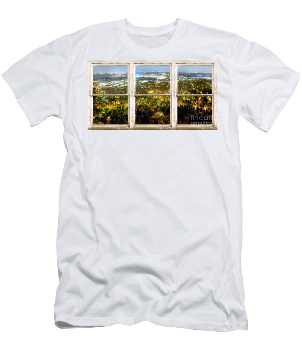'window Frame Art' T-Shirt featuring the photograph City Lights White Rustic Picture Window Frame Photo Art View by James BO Insogna