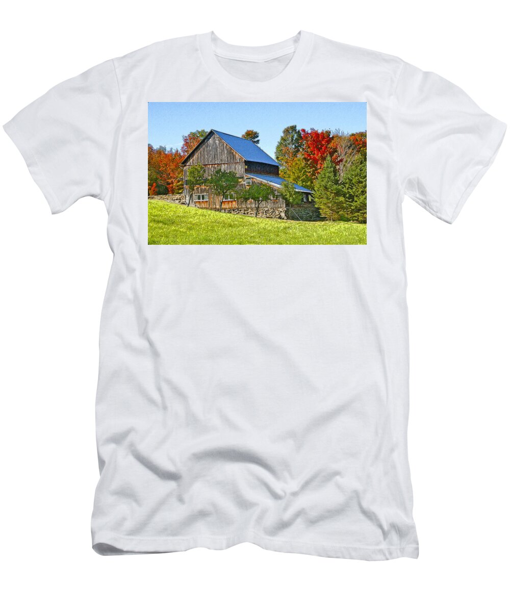 Mixed Media. Mixed Media Fall Colors Vermont. Mixed Media Digtal Photography. Vermont Fall Colors. Old Barns In Vermont. Vermont Fall Colors. Orange Fall Colors. Red Fall Colors. Yellow Fall Colors. Fall Landscape Colors. Fall Colors Photography. Mountain Fall Colors. Trees. Fall Trees. Farm Fall Colors. Old Farm Buildings. T-Shirt featuring the photograph Colors In Vermont by James Steele