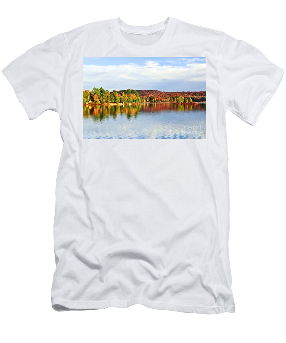 Lake T-Shirt featuring the photograph Fall forest reflecting in lake by Elena Elisseeva