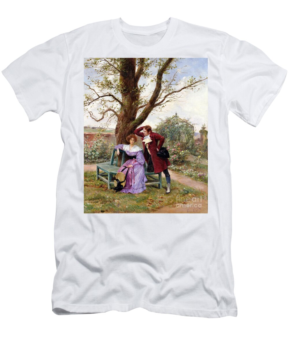 Courting; Garden Scene; Courtship; Love; Conversation; Gazebo; Victorian T-Shirt featuring the painting Flirtation by Georges Jules Auguste Cain