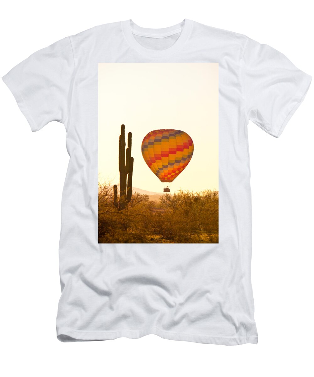Arizona T-Shirt featuring the photograph Golden Light Hot Air Balloon And Saguaro Cactus by James BO Insogna